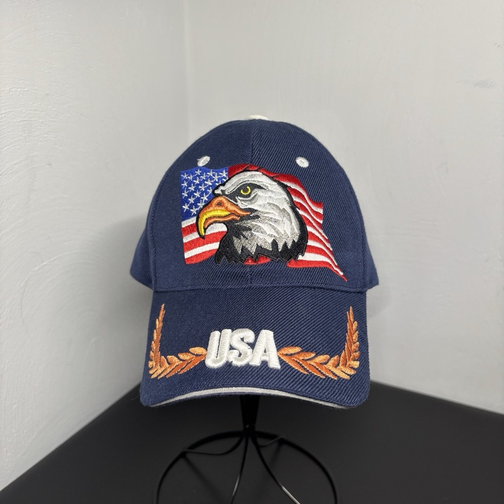 Patriotic EAGLE Head USA Flag Hat Ball Cap‎ ADJUSTABLE Embroidered Navy Blue